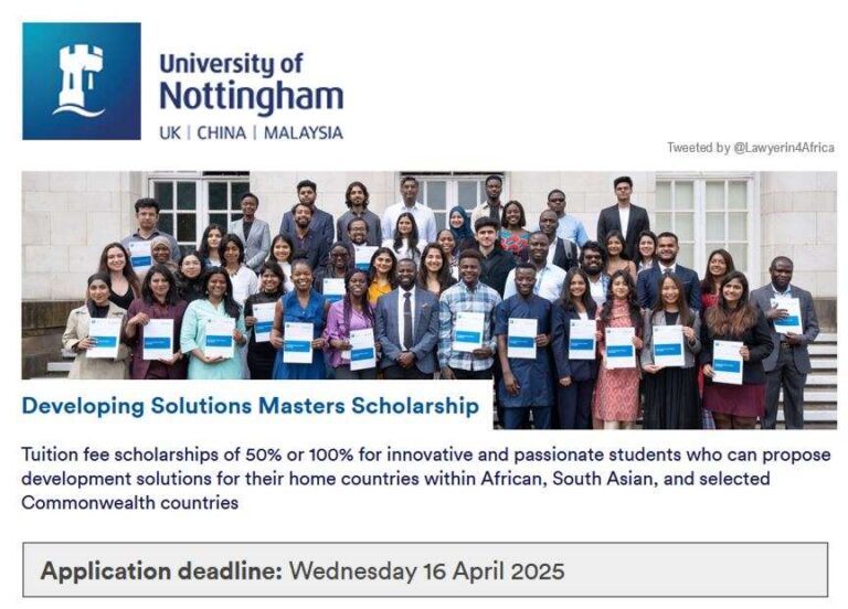 Developing Solutions Masters Scholarship at the University of Nottingham (Open to students from Africa, India, and selected Commonwealth nations)