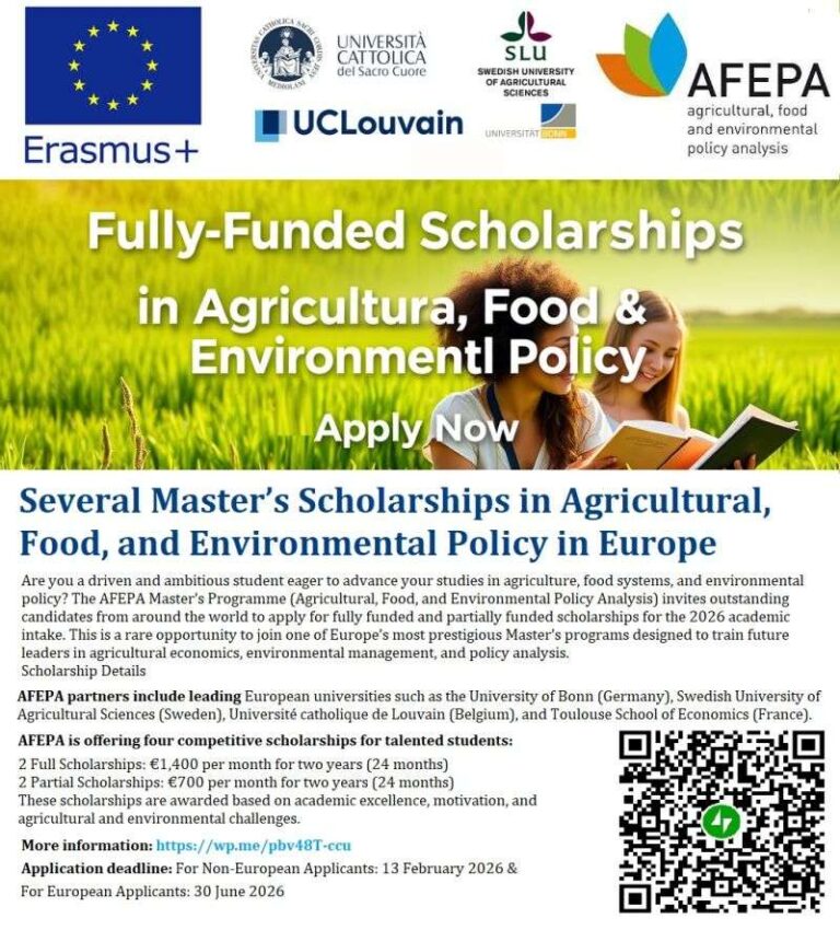Several Master’s Scholarships in Agricultural, Food, and Environmental Policy in Europe [open to all nationalities]