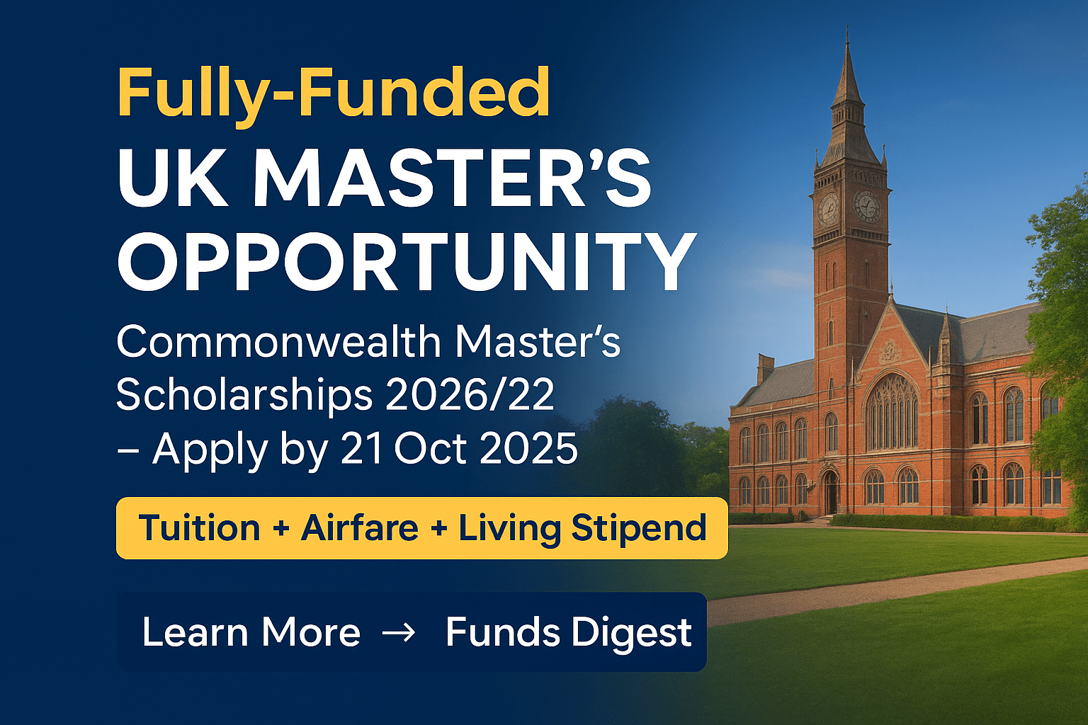 The Commonwealth Master’s Scholarships cover tuition, airfare and a living stipend for talented individuals ready to lead change.