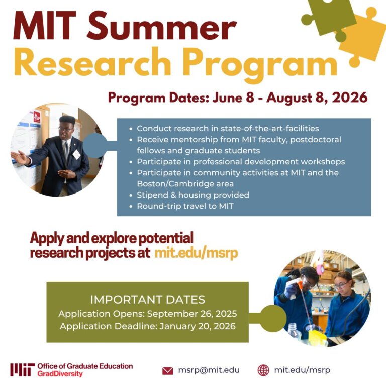 MIT Summer Research Program (MSRP) 2026: Fully Funded Undergraduate Research Opportunity at MIT