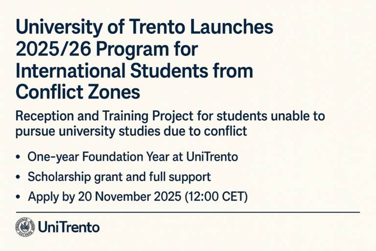 University of Trento 2025/26 Program for International Students from Conflict Zones (Fully-funded Scholarship)