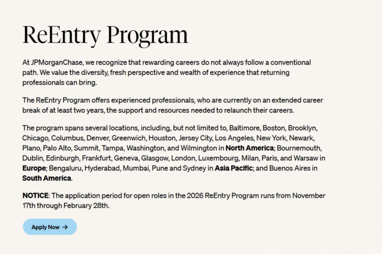 JPMorgan Chase ReEntry Program 2026: Applications Now Open for Returning Professionals