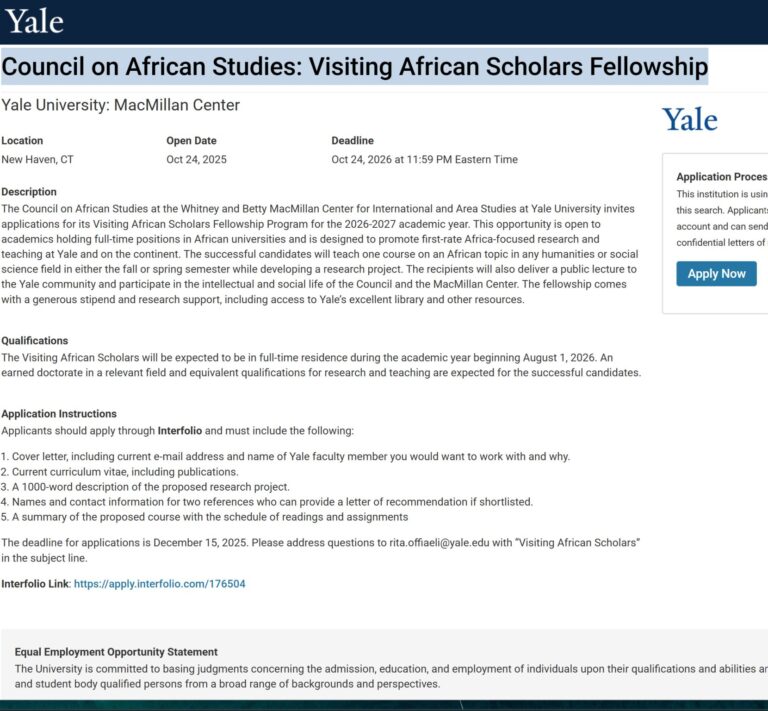 Yale University Visiting African Scholars Fellowship (2026–2027)