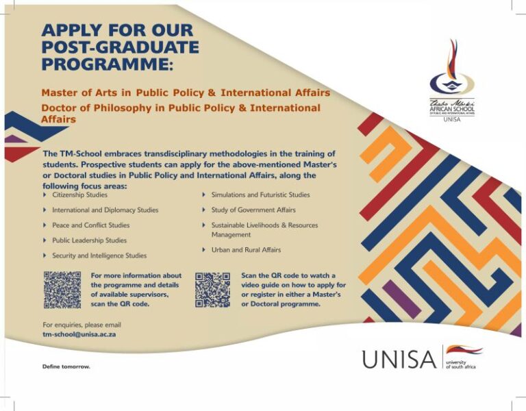 Apply for the Postgraduate Programme at UNISA’s Thabo Mbeki African School of Public and International Affairs